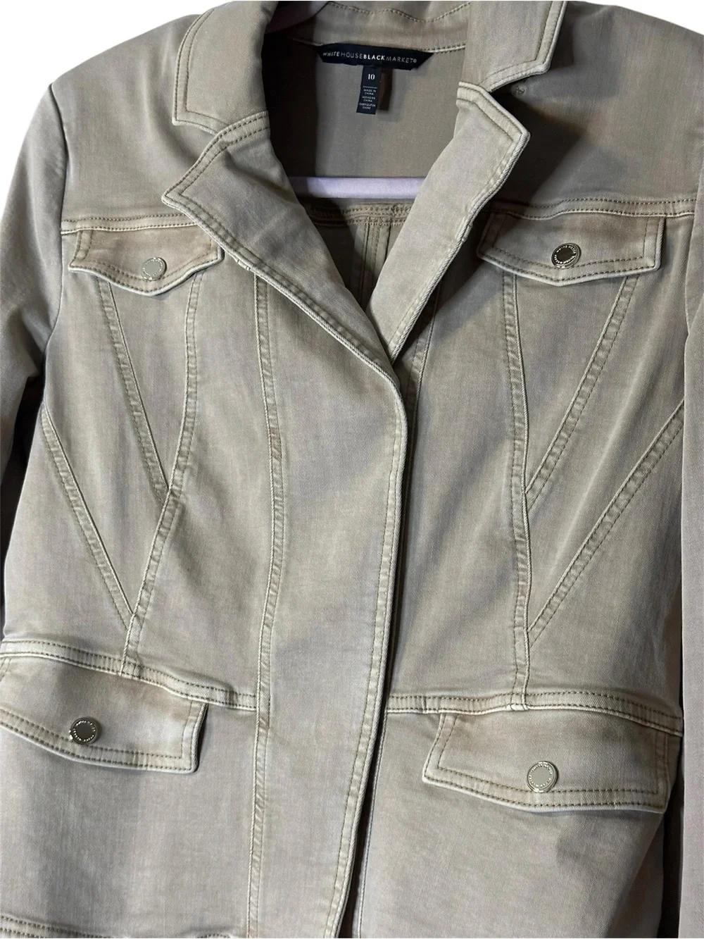 White House Black Market Taupe Jean Jacket, Peplum back, sz 10 - Picture 2 of 3